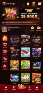 777VIP Game mobile app interface showing online casino and card games